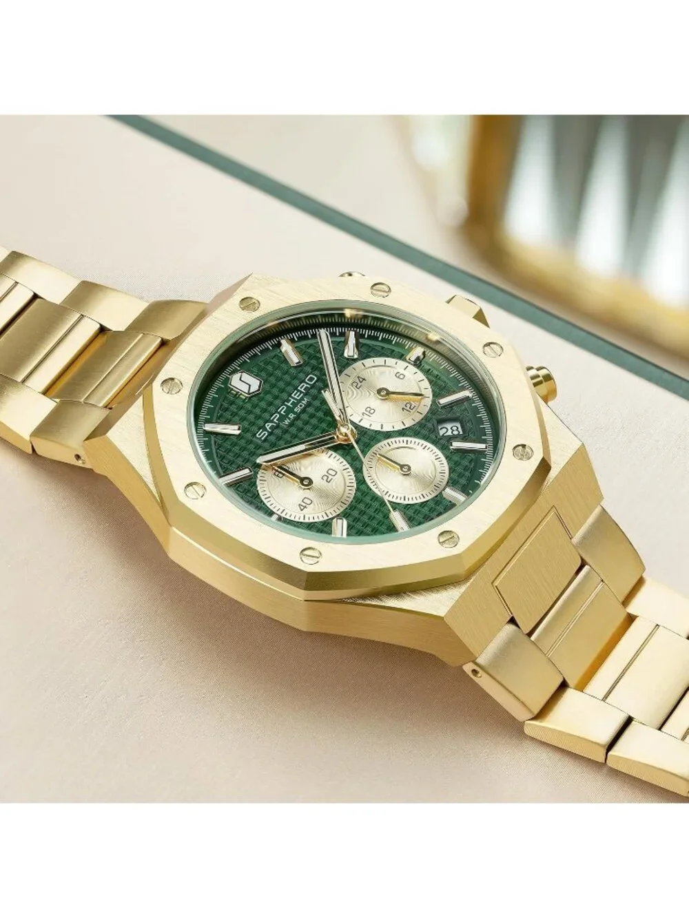 Men's Gold Green Chronograph Quartz Movement Stainless Steel Luxury Wrist Watch